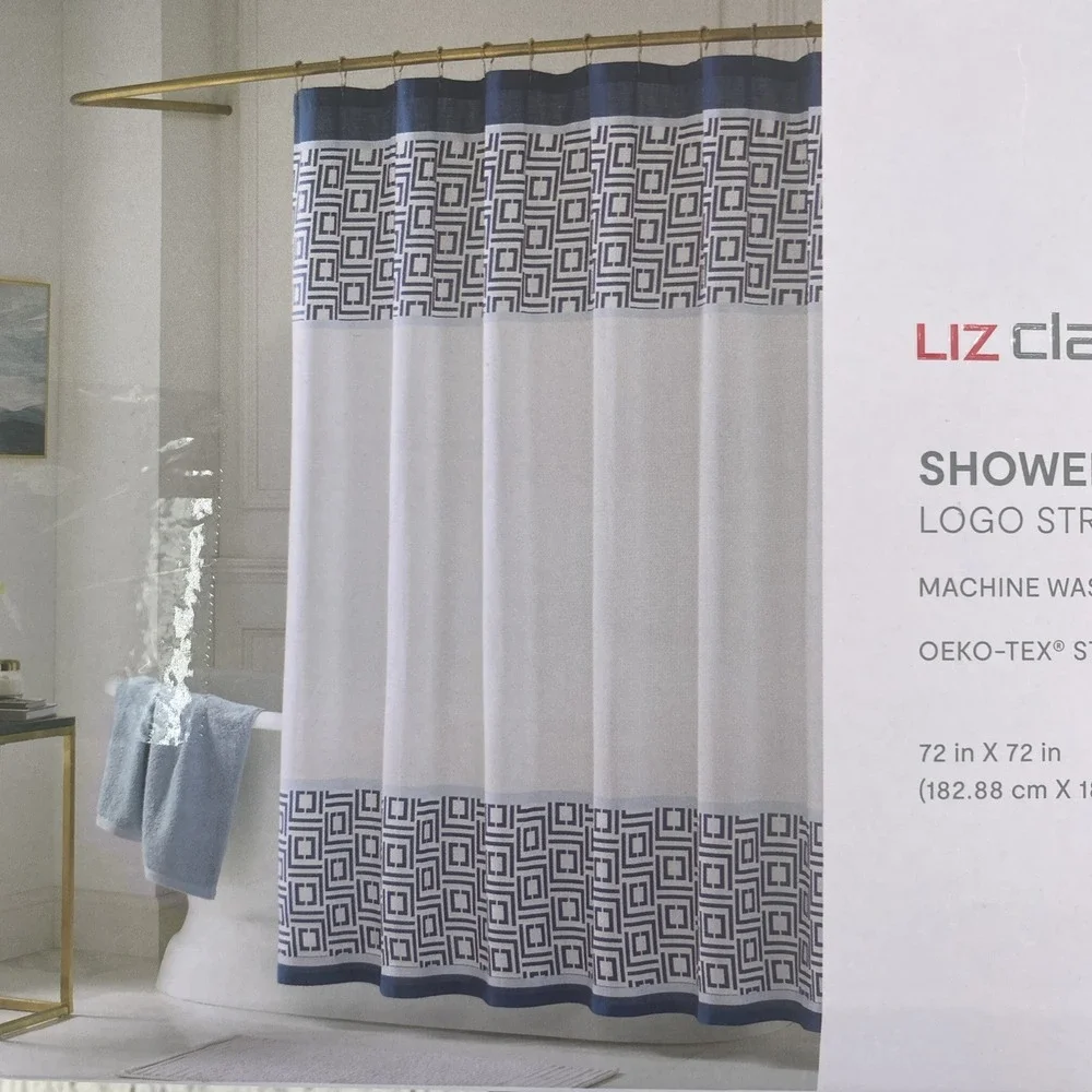 Liz Claiborne Shower Curtain White Navy Blue Logo Stripe Geometric 100% Cotton
